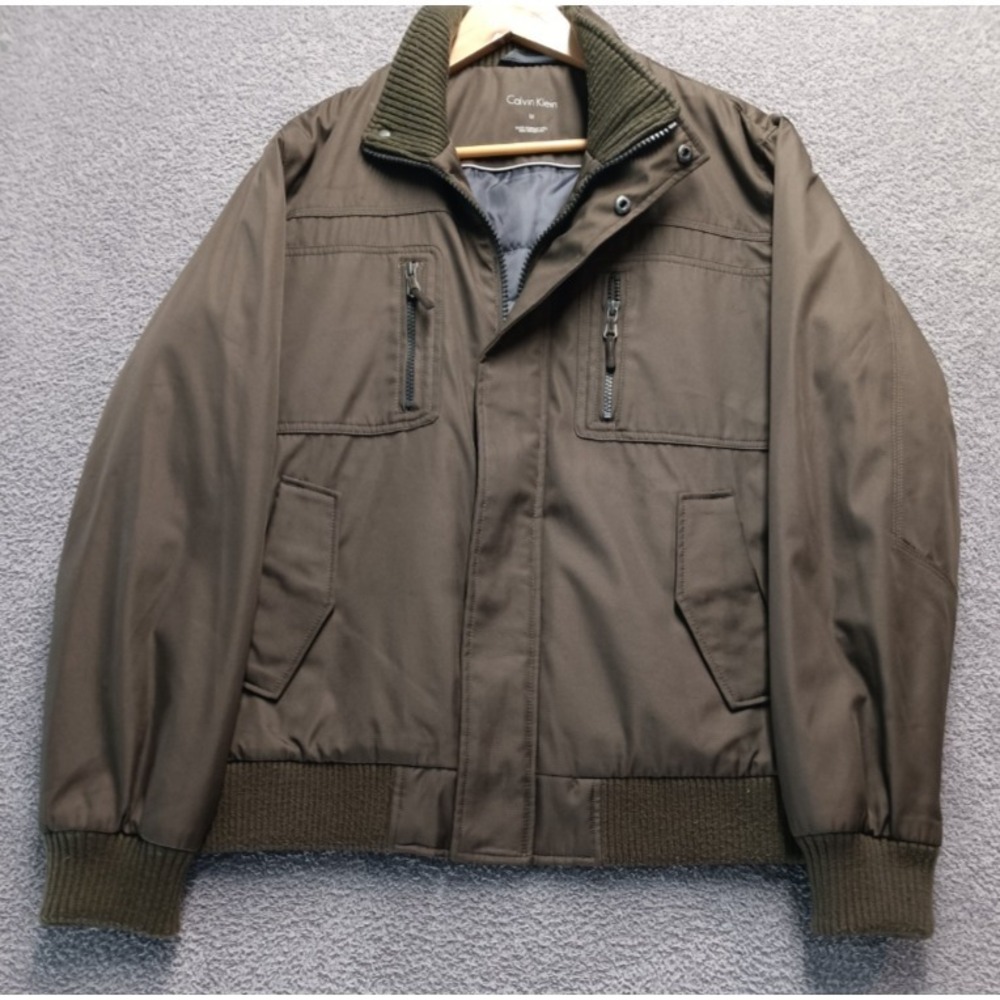 Calvin Klein Men's M Water-Resistant Bomber Jacket Olive Zip Chest Pockets Rib H